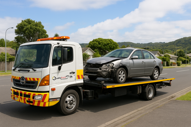 Professional car removal service loading damaged vehicle in Wellington - Easy Cash for Cars
